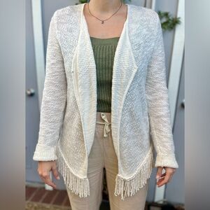 Margaret O’Leary Cream Fringed Open Cardigan in cotton-cashmere, size L